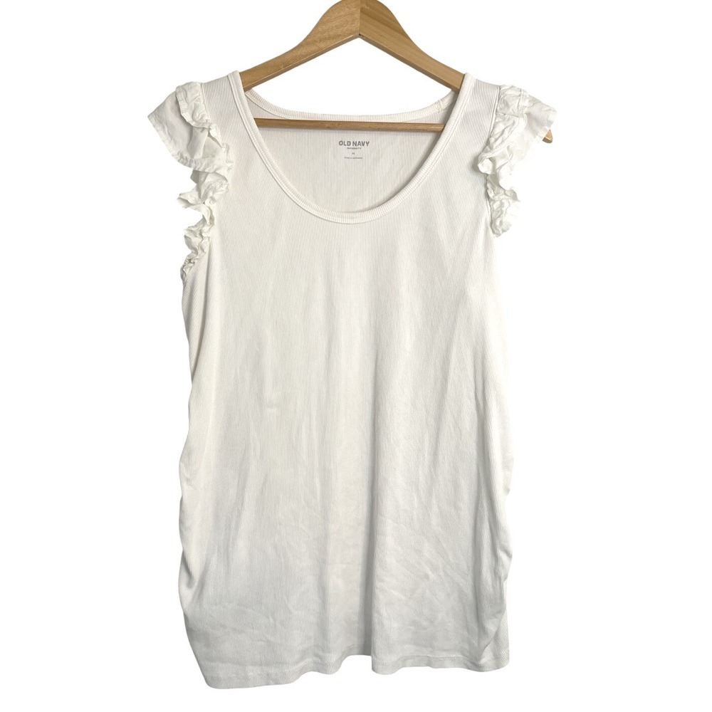 Old Navy Maternity White Ruffle Top XL Ruched Ribbed Pregnant Minimalist Capsule